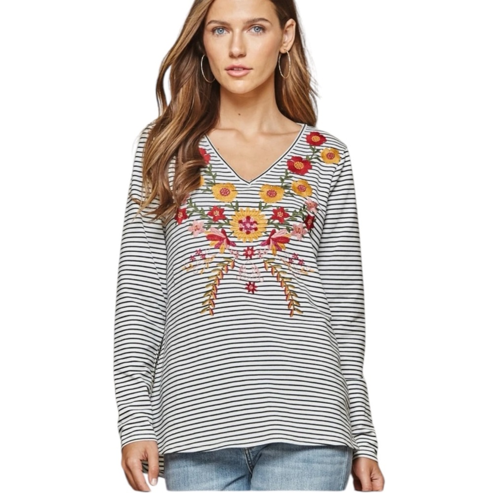 Savanna Jane black and white striped long sleeve boho floral embroidered top